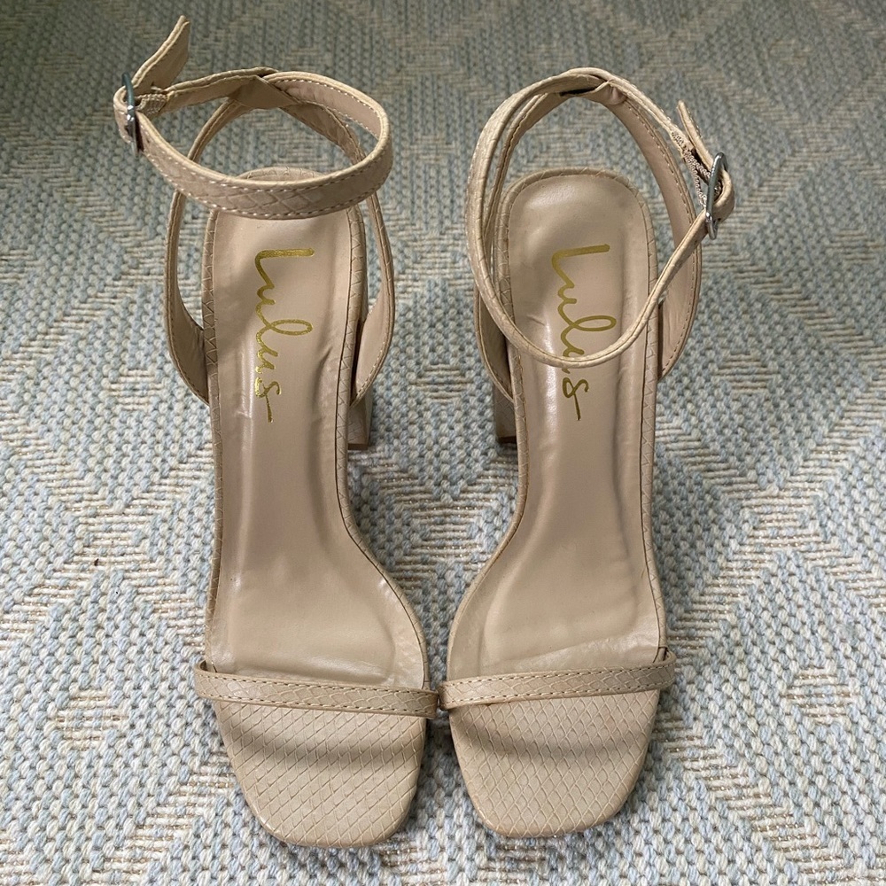 Lulu’s Nude Snakeskin Sandal Heels